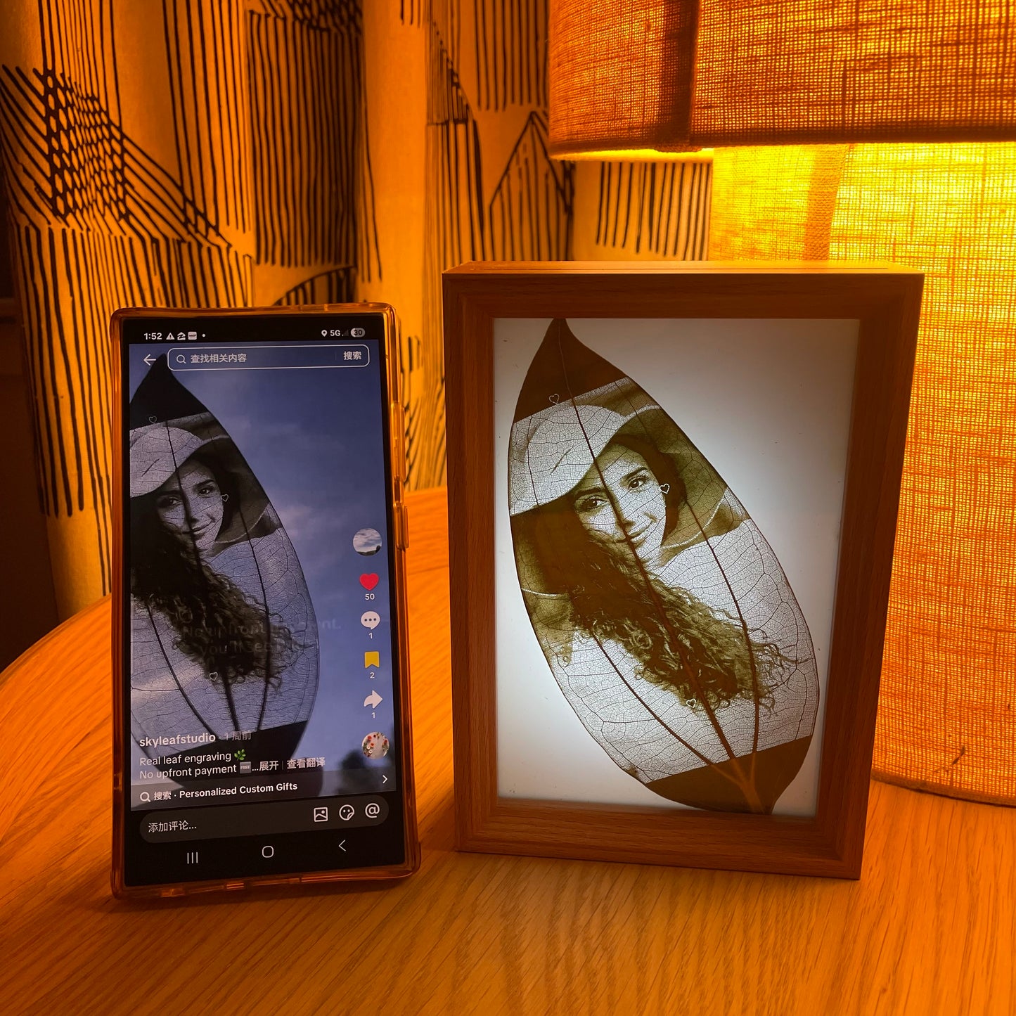 Custom Photo Real Leaf Engraving + 3-Color LED Frame + Personalized Video Keepsake