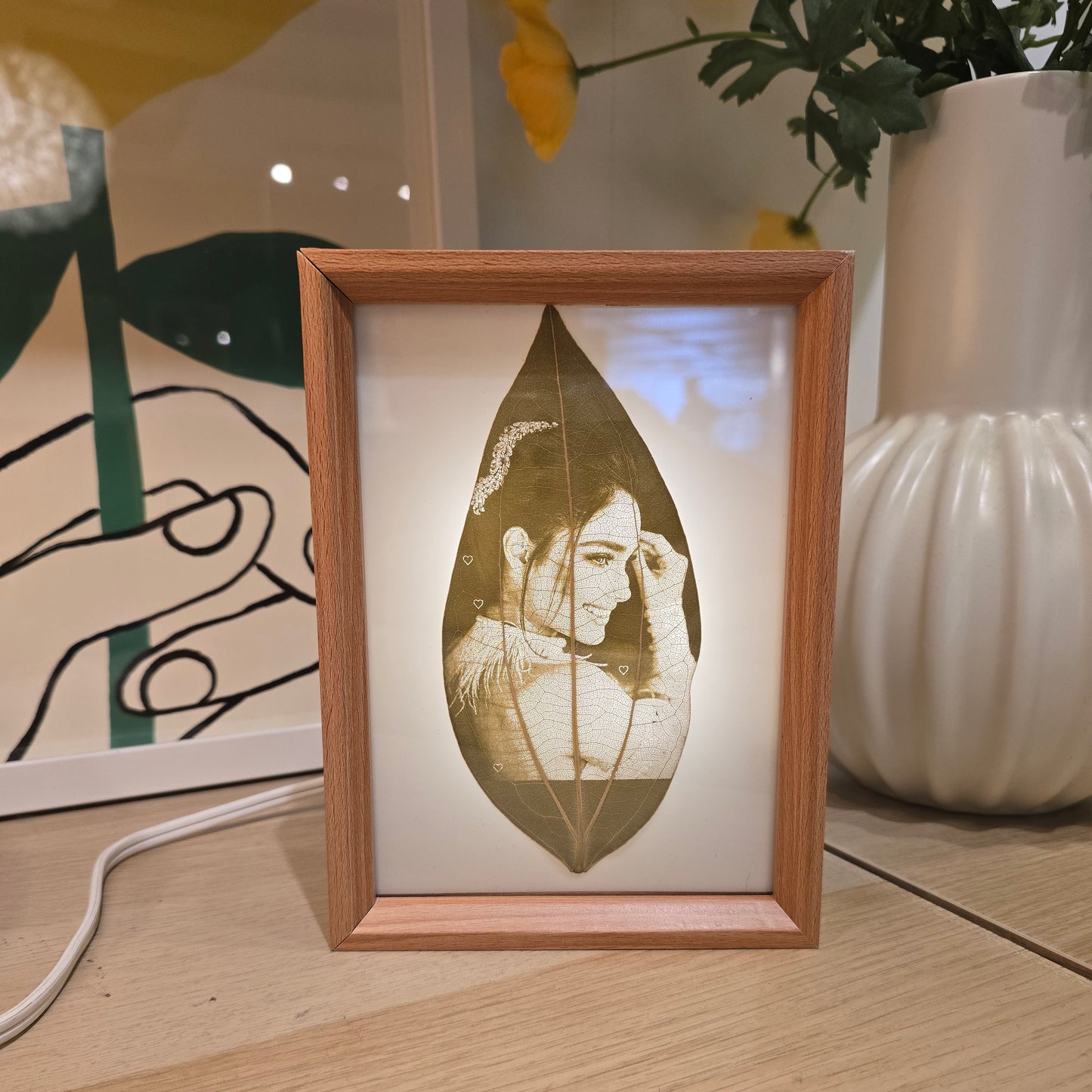 Custom Photo Real Leaf Engraving + 3-Color LED Frame + Personalized Video Keepsake