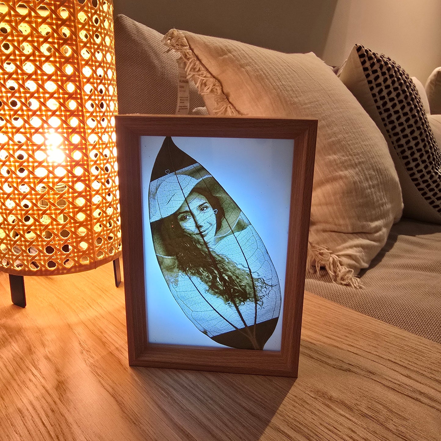 Custom Photo Real Leaf Engraving + 3-Color LED Frame + Personalized Video Keepsake