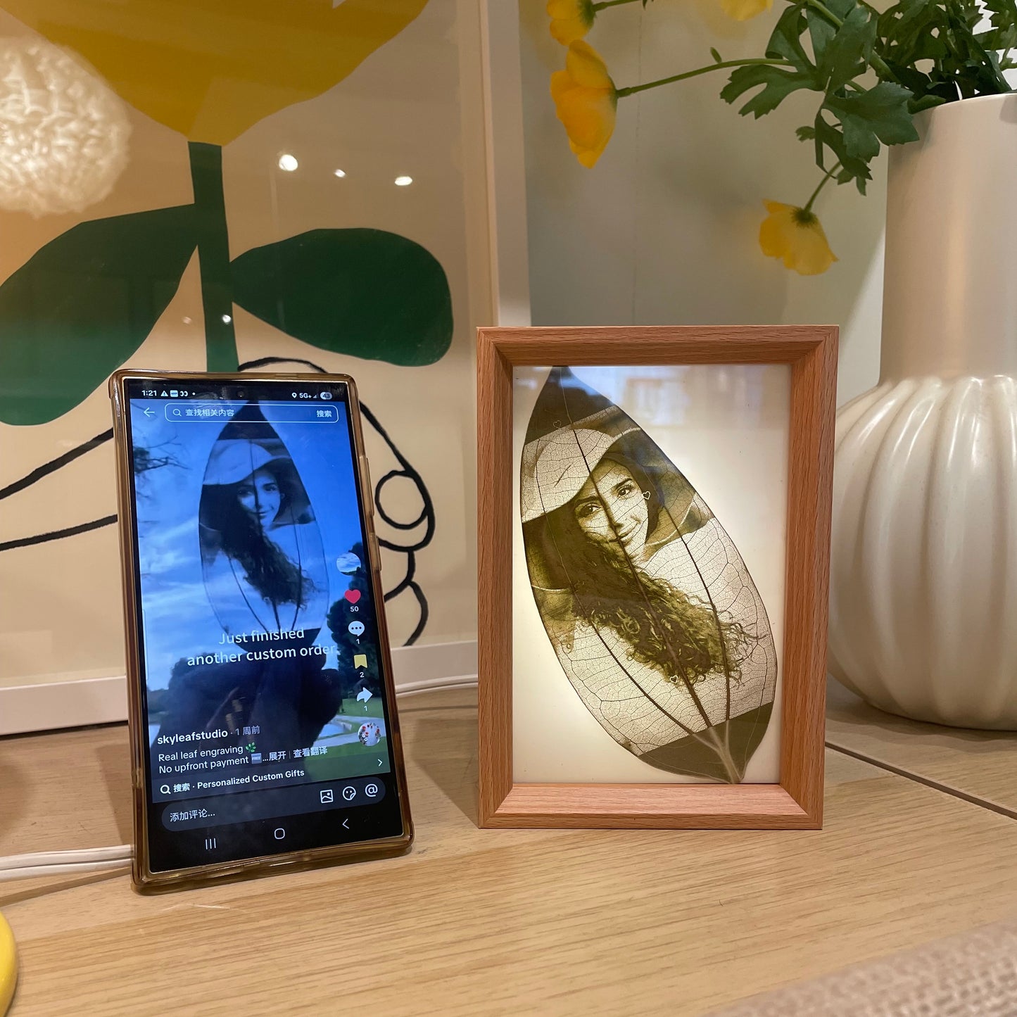 Custom Photo Real Leaf Engraving + 3-Color LED Frame + Personalized Video Keepsake