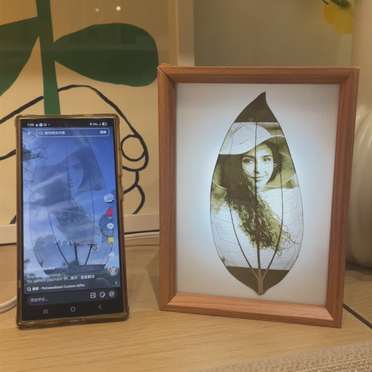 Custom Photo Real Leaf Engraving + 3-Color LED Frame + Personalized Video Keepsake